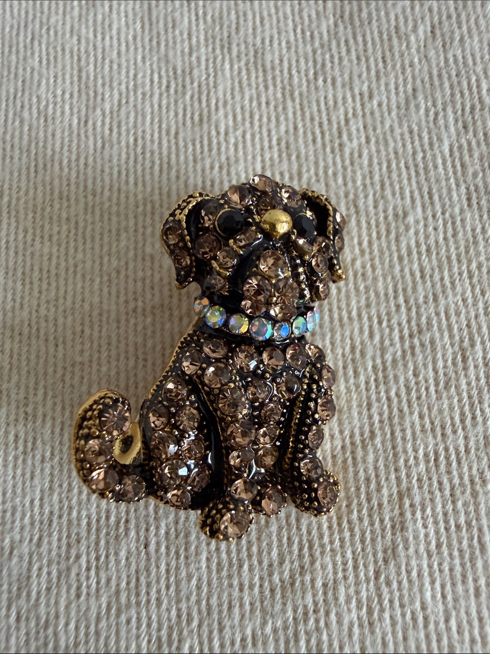 Brown Crystal Puppy Brooch Pin - Sparkling Dog Accent